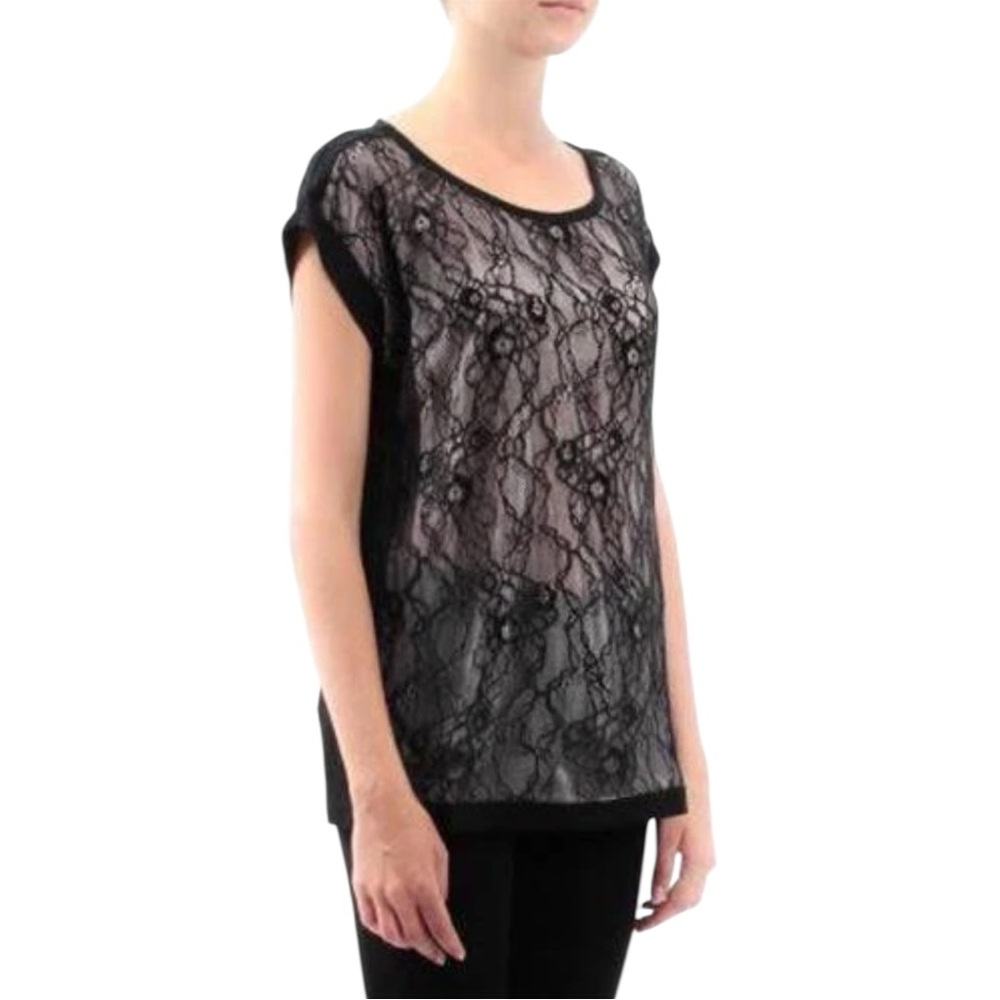 DvF “Cordelia” Chantilly Lace Round Neck Top Silk Black, Beige/Tan - flawed